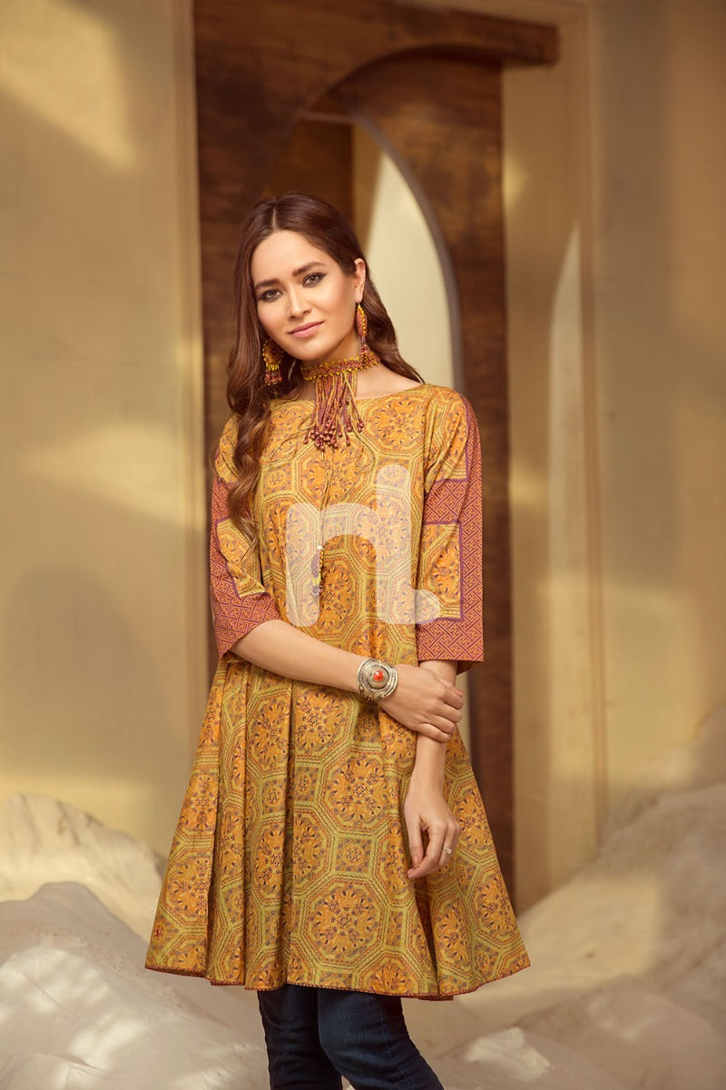 PS19 64 Yellow Printed Stitched Frock 1PC NISHAT UAE