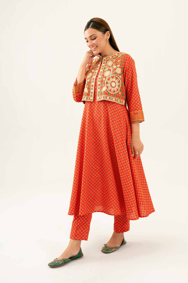 3 Piece - Printed Embroidered Suit - PW24-219