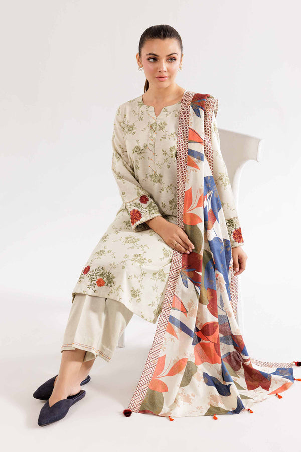 3 Piece - Printed Embroidered Suit - PW24-377