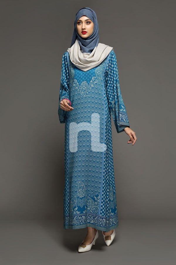 DW18-19 Blue Digital Printed Stitched Cotton Modal Jalabiya - 1PC - Nishat Linen UAE