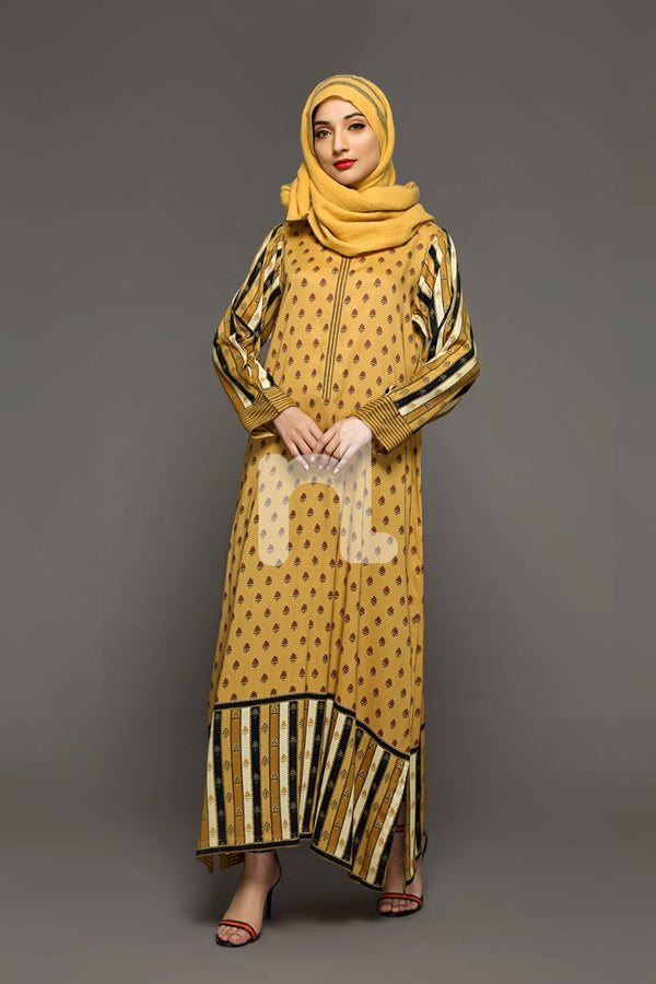 DW18-24 Yellow Digital Printed Stitched Cotton Modal Jalabiya - 1PC - Nishat Linen UAE