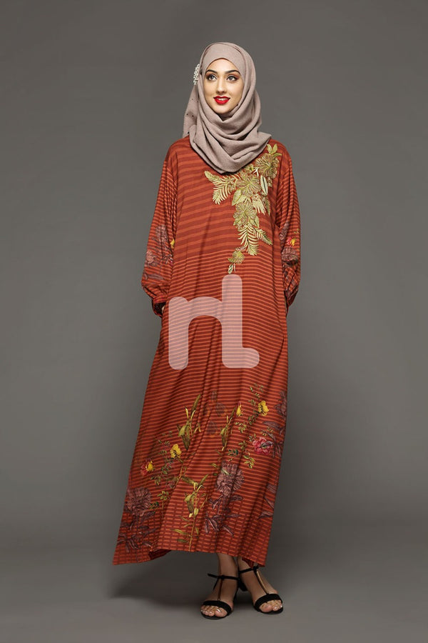 DW18-27 Orange Printed Stitched Cotton Modal Jalabiya - 1PC - Nishat Linen UAE