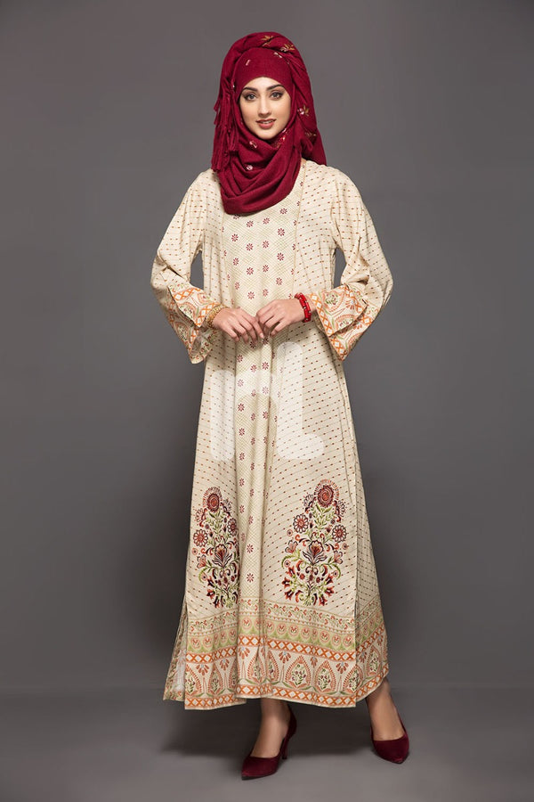 DW18-47 Beige Digital Printed Stitched Cotton Modal Jalabiya - 1PC - Nishat Linen UAE