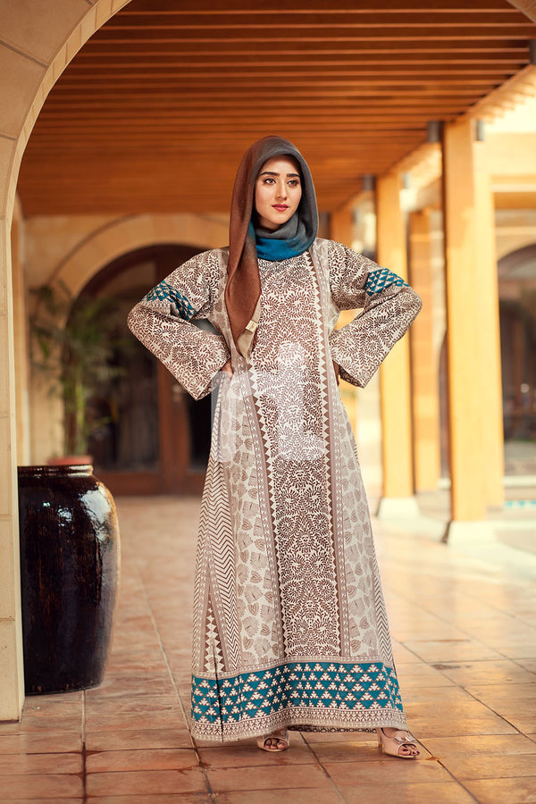 DE19-02 Brown Printed Stitched Pima Cotton Jalabiya - 1PC - Nishat Linen UAE