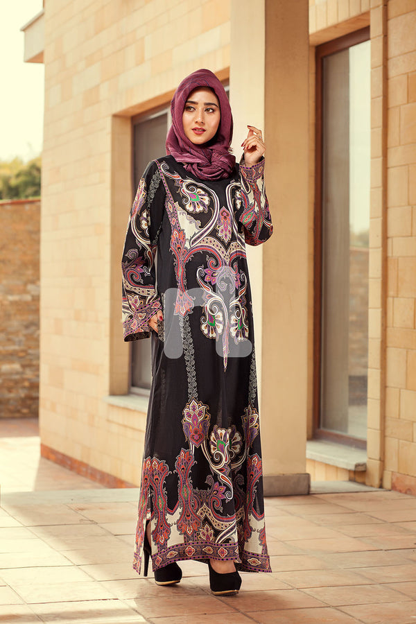 DE19-17 Black Printed Stitched Pima Cotton Jalabiya - 1PC - Nishat Linen UAE