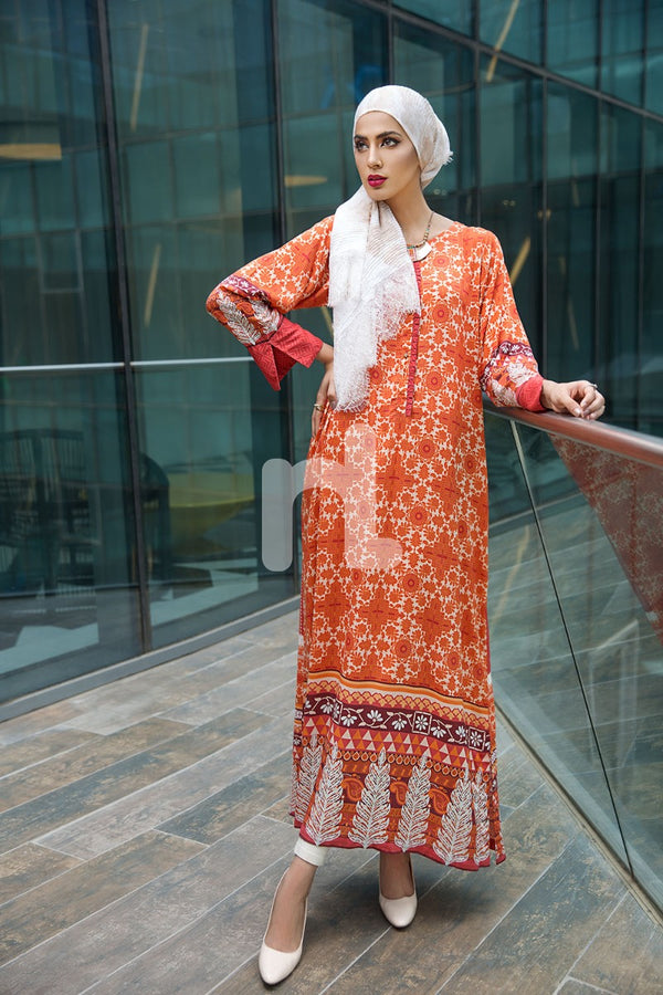 DSW18-32 Orange Digital Printed Stitched Lawn Jalabiya - 1PC - Nishat Linen UAE