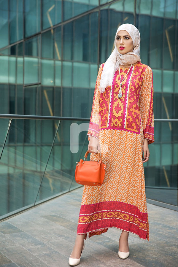 DSW18-22 Orange Digital Printed Stitched Lawn Jalabiya - 1PC - Nishat Linen UAE