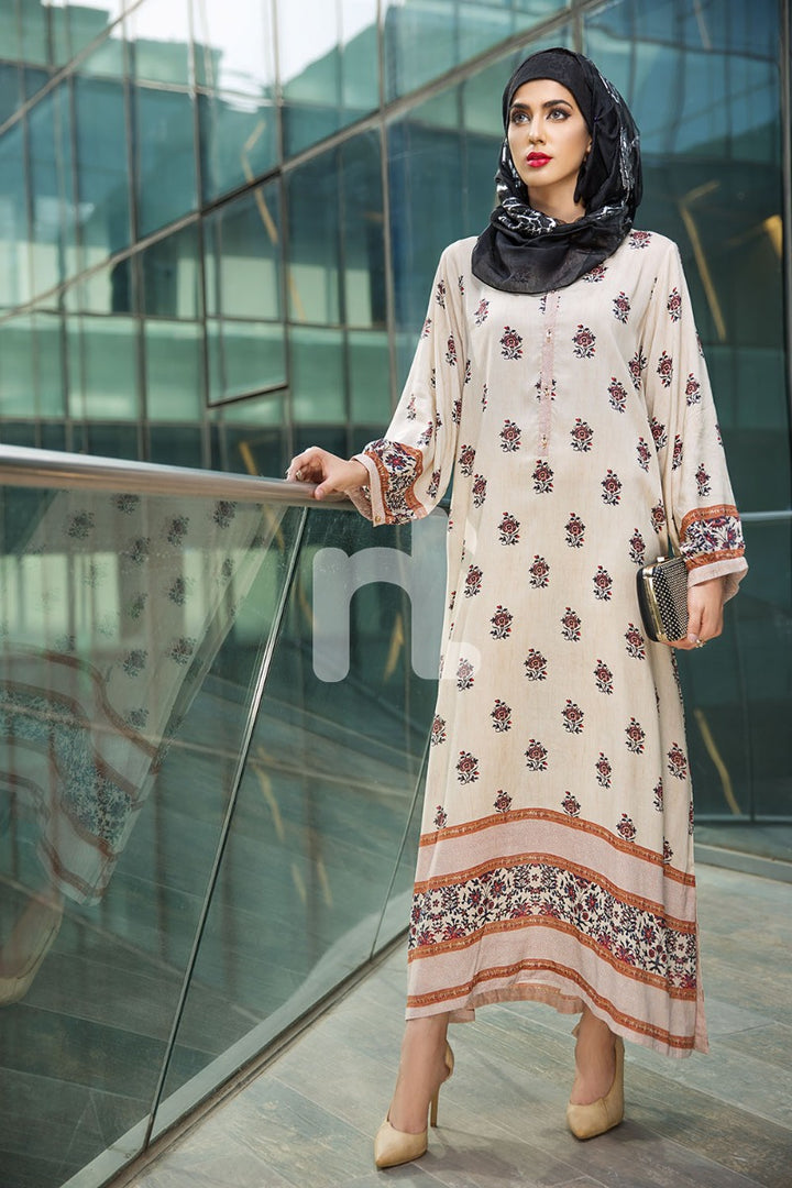 DSW18-03 Beige Digital Printed Stitched Lawn Jalabiya - 1PC - Nishat Linen UAE