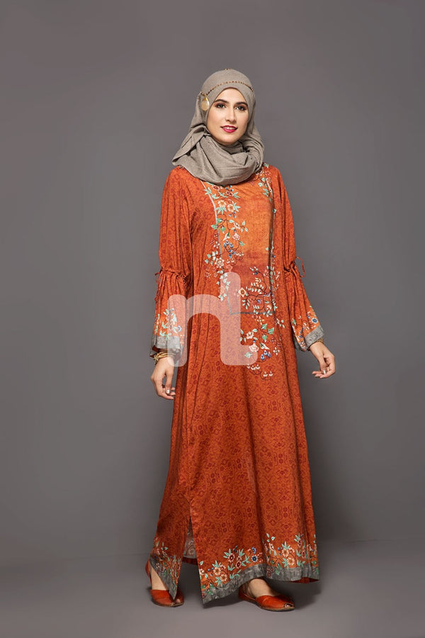 DW18-39 Orange Printed Stitched Cotton Modal Jalabiya - 1PC - Nishat Linen UAE