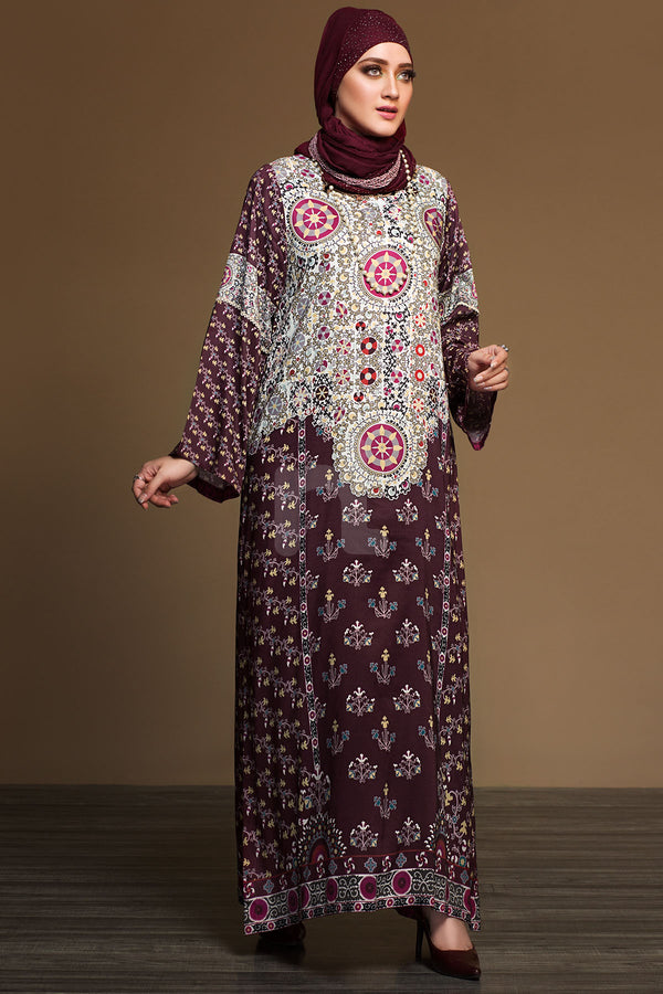 DW19-04 Maroon Printed Stitched Jalabiya - 1PC - Nishat Linen UAE