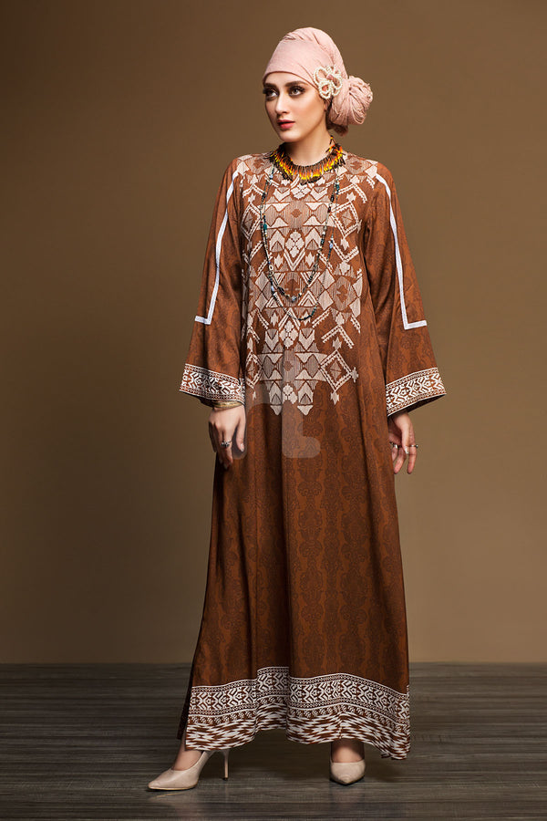 DW19-06 Brown Printed Stitched Jalabiya - 1PC - Nishat Linen UAE