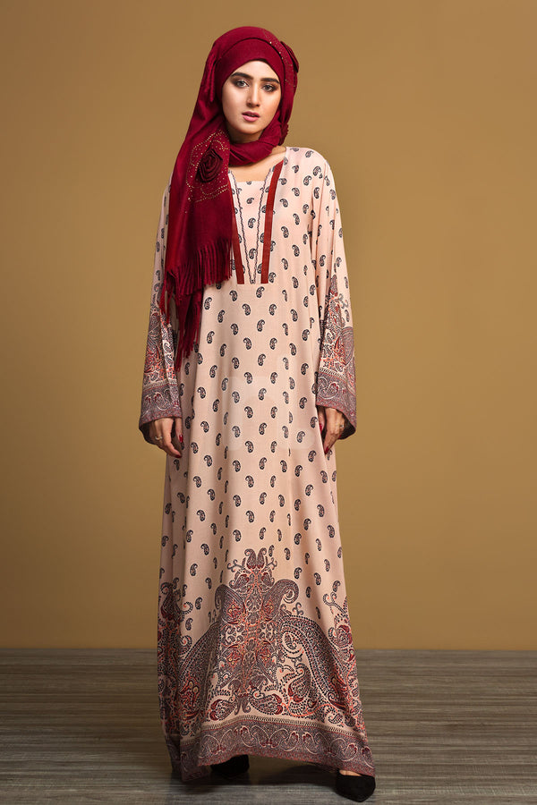 DW19-48 Peach Printed Stitched Jalabiya - 1PC - Nishat Linen UAE