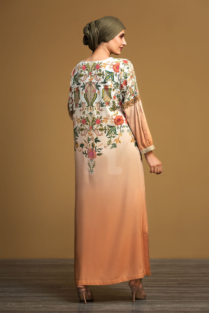 DW19-52 Peach Printed Stitched Jalabiya - 1PC - Nishat Linen UAE