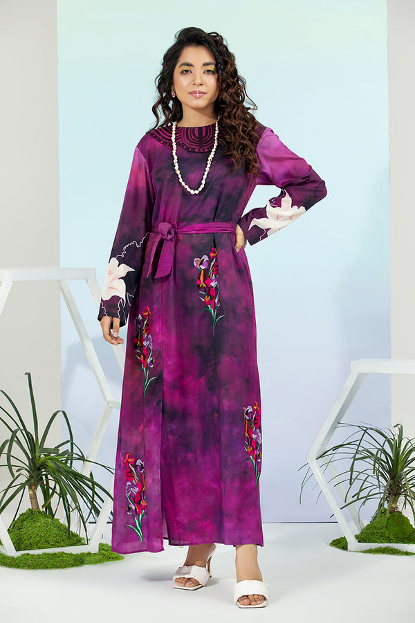 FS21-37-Micro-Modal Printed And Embroidered Long Dress