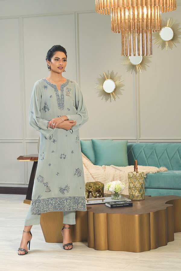 KFW21-11-Embroidered Long Shirt with Trousers 2PC