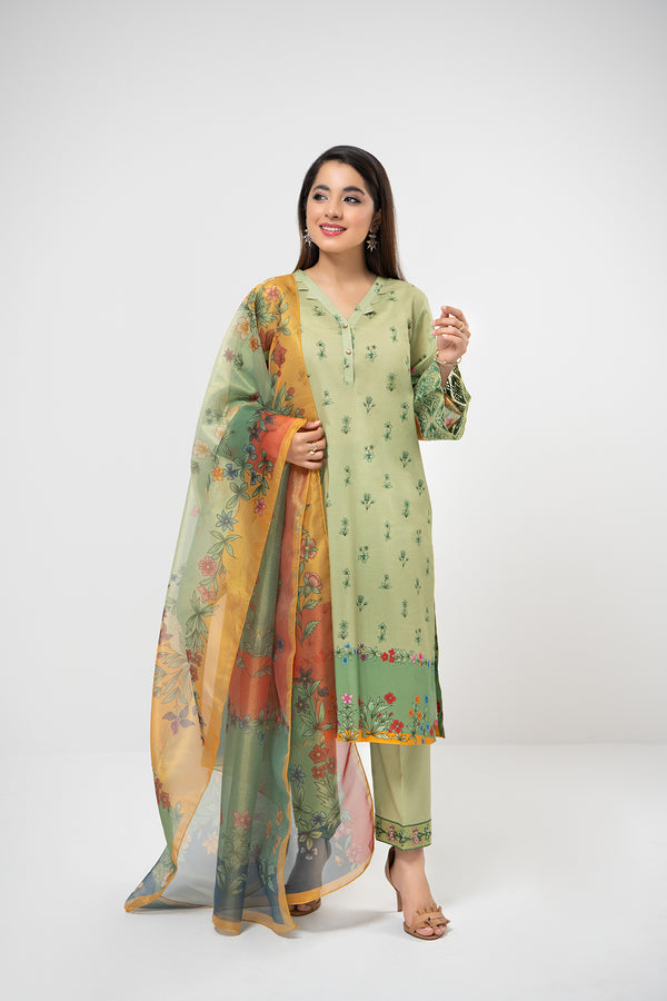 PDE21-09 3PC-Embroided Printed Shirt, Dyed Cambric Trouser With Gold Net Dupatta