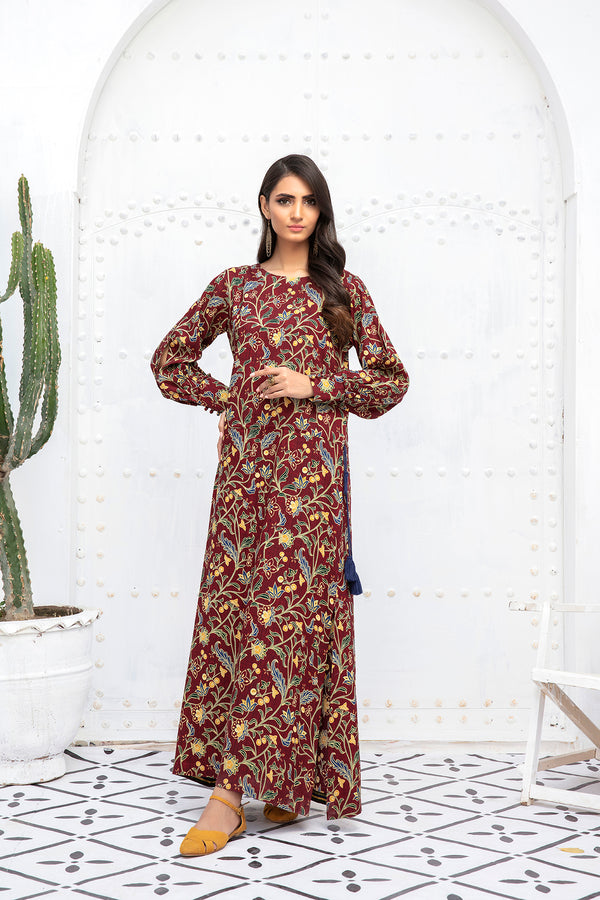 PDW20-49 Printed Stitched Linen Long Dress With Mask- 1PC