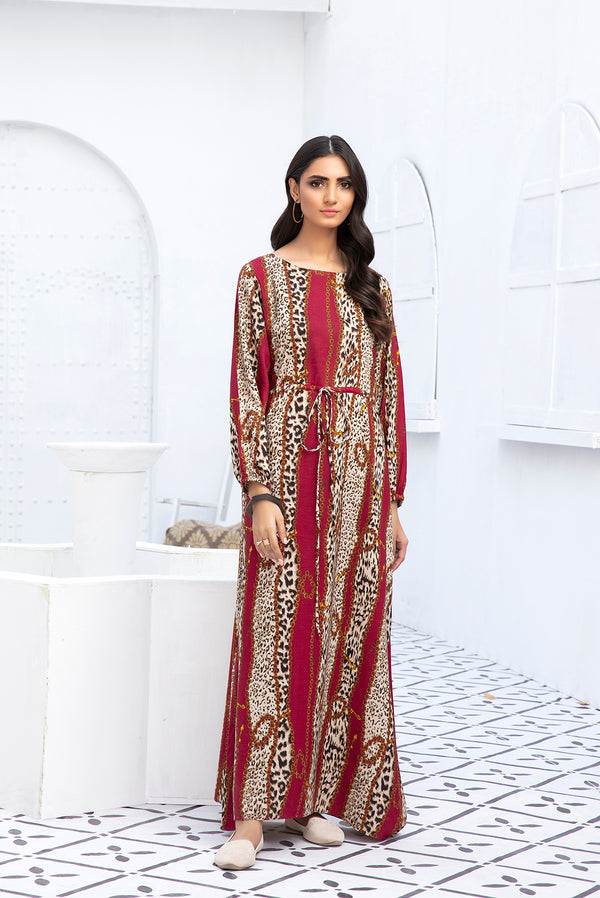 PDW20-50 Printed Stitched Linen Long Dress - 1PC