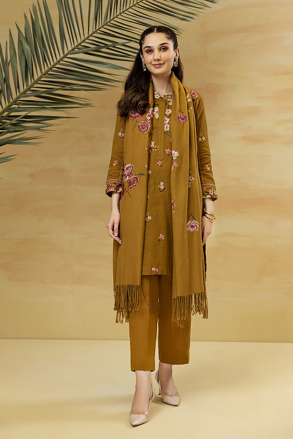 PDW22-11-Printed Embroidered Straight Shirt, Shawl & Trousers 3PC