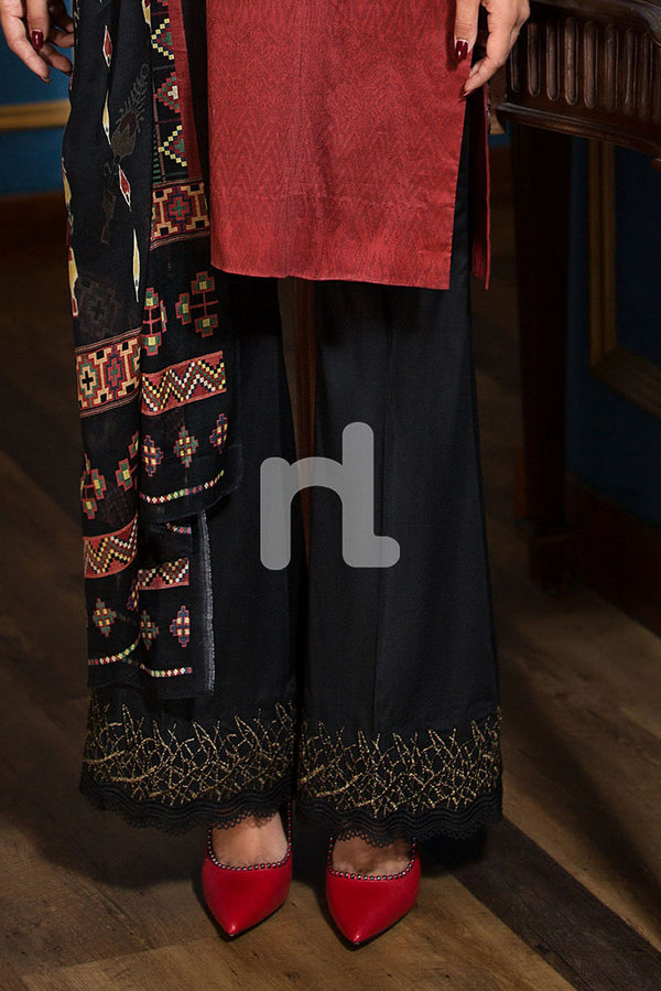 PE19-34 Black Dyed Embroidered Stitched Boot Cut Trouser - Nishat Linen UAE