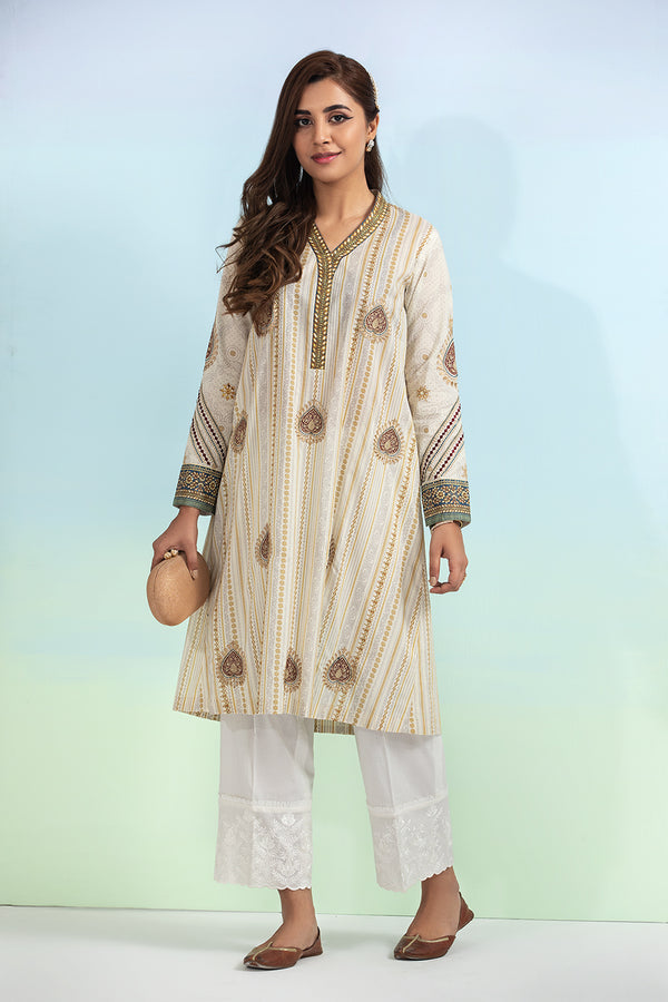 PE20-73-Long Embroidered Printed Straight Stitched Shirt -1PC