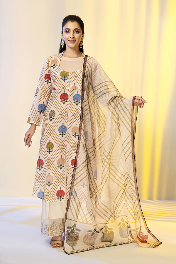 PE22-110-A-Line Panneled Printed Shirt with Dupatta 2PC