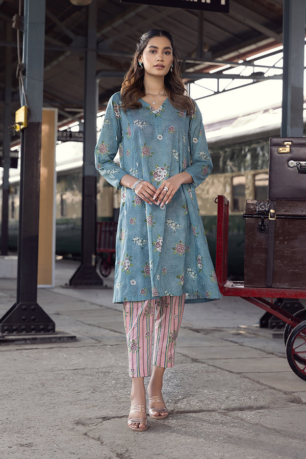 PE22-22-Printed Paneled Kurta With Trousers 2PC