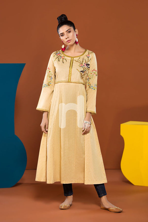 PS19-112 Yellow Textured Embroidered Stitched Shirt - 1PC - Nishat Linen UAE