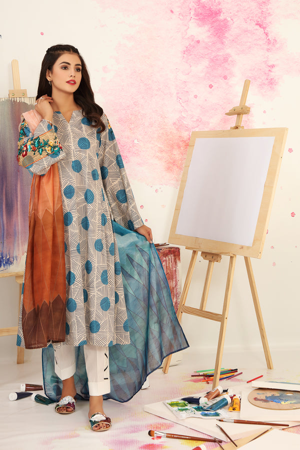 PS21-129-Embroidered Printed Lawn Shirt With Digital Printed Net Dupatta-2PC