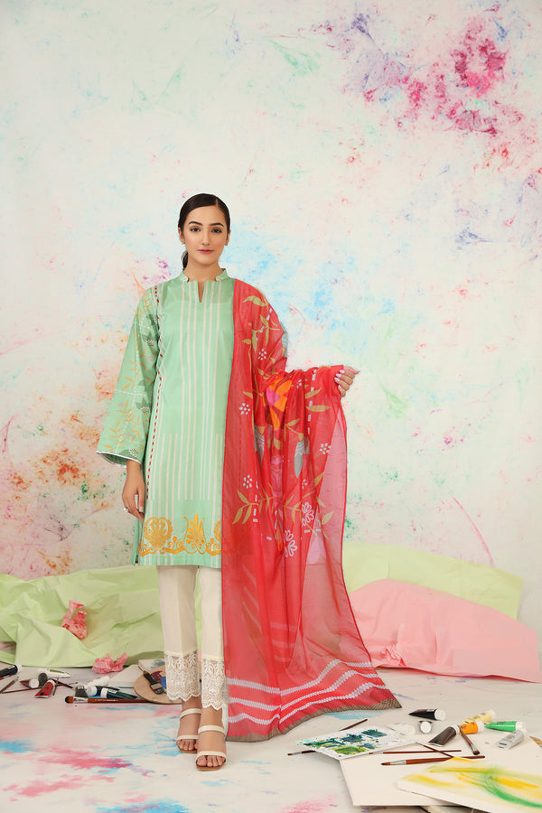 PS21-65-Printed Lawn Shirt With Fine Slub Net Dupatta-2Pc