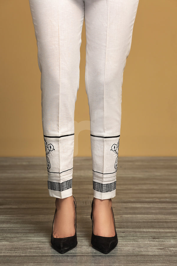 PW19-176 White Dyed Embroidered Stitched Straight Karandi Trouser for Women - Nishat Linen UAE