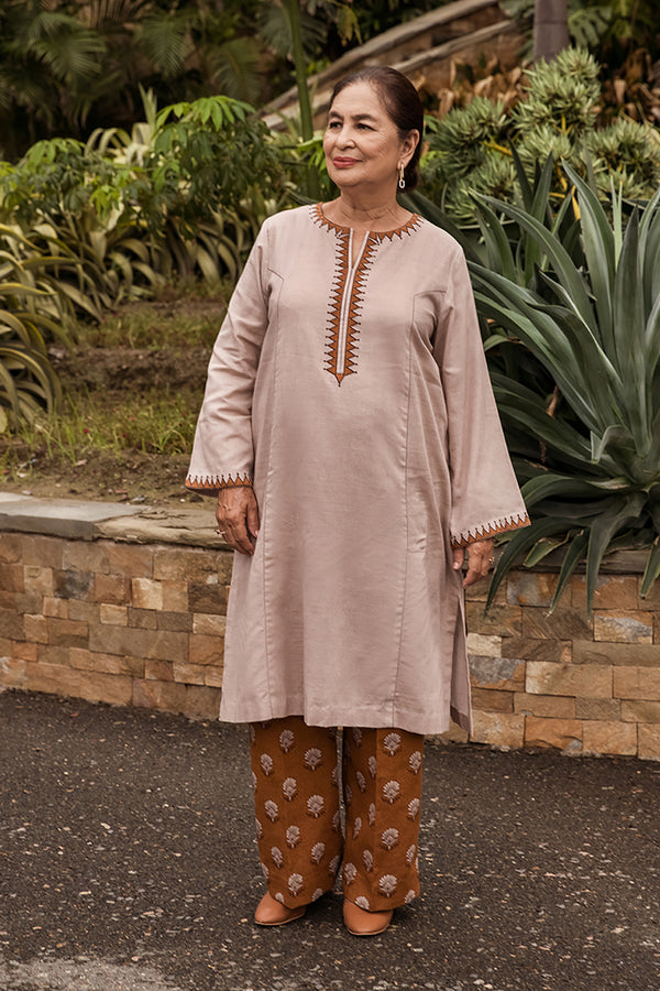 PW22-71-Embroidered Paneled Kurta With Printed Trousers 2PC