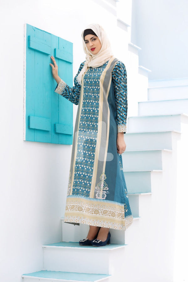 DE18-08 Blue Digital Printed Stitched Lawn Jalabiya - Nishat Linen UAE