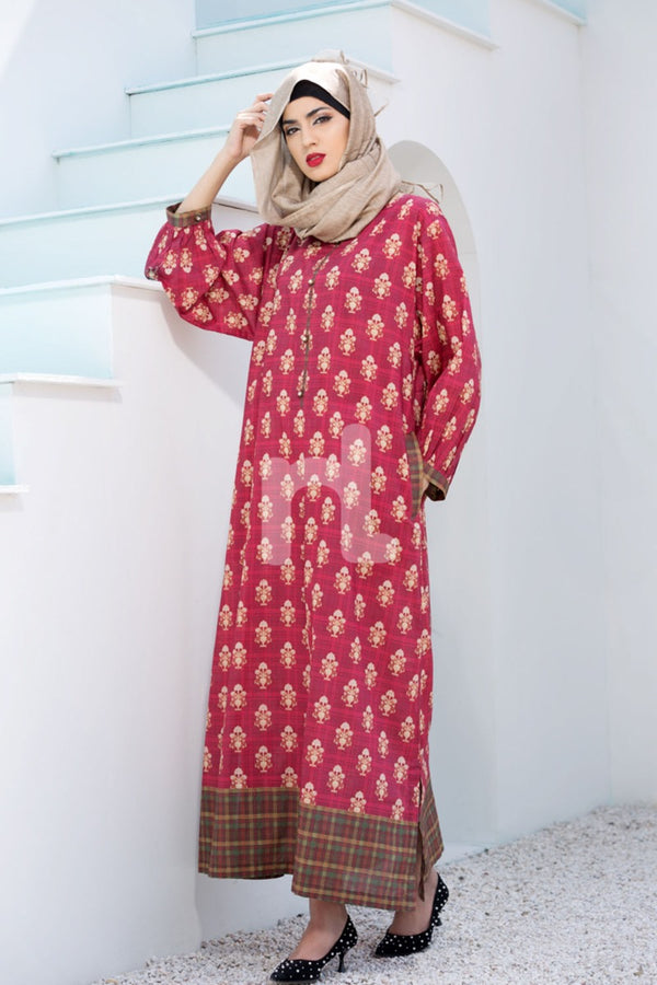 DE18-09 Red Digital Printed Stitched Lawn Jalabiya - Nishat Linen UAE