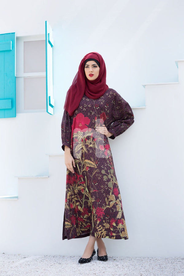 DE18-15 Maroon Digital Printed Stitched Lawn Jalabiya - Nishat Linen UAE