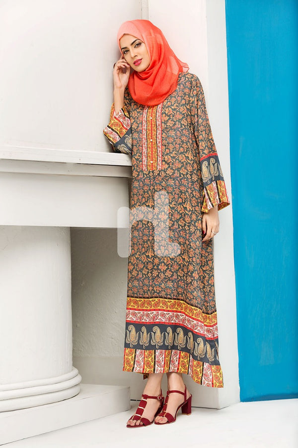 DS18-59 Brown Digital Printed Stitched Jalabiya - 1PC - Nishat Linen UAE