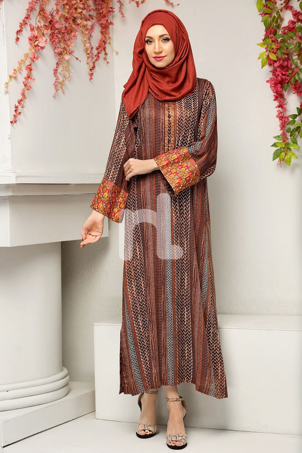 DS18-70 Brown Digital Printed Stitched Jalabiya - 1PC - Nishat Linen UAE