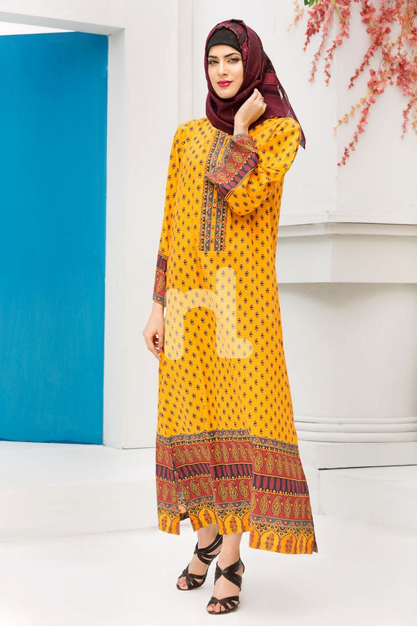 DS18-81 Yellow Digital Printed Stitched Jalabiya - 1PC - Nishat Linen UAE