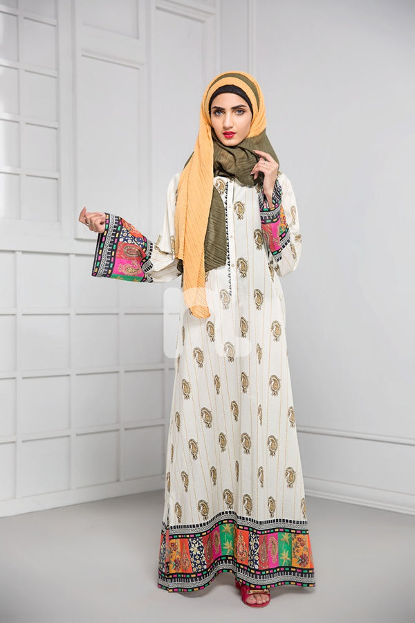 DS19-01 Beige Digital Printed Stitched Cambric Jalabiya - 1PC - Nishat Linen UAE