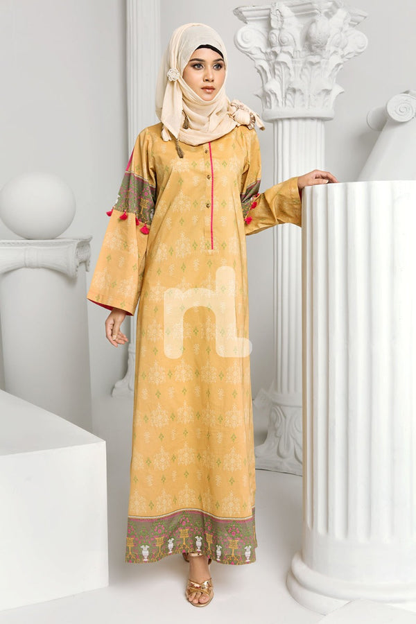 DS19-16 Yellow Digital Printed Stitched Cambric Jalabiya - 1PC - Nishat Linen UAE