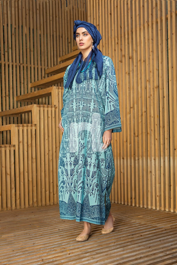 DS19-34 Blue Digital Printed Stitched Lawn Jalabiya - 1PC - Nishat Linen UAE