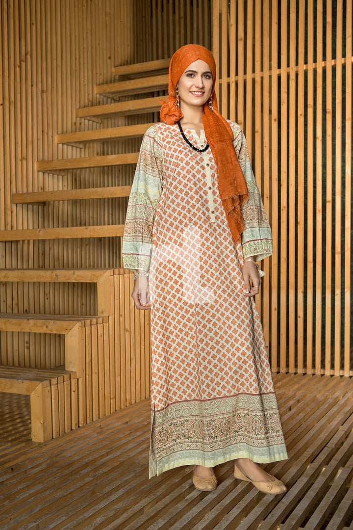 DS19-40 Orange Digital Printed Stitched Lawn Jalabiya - 1PC - Nishat Linen UAE