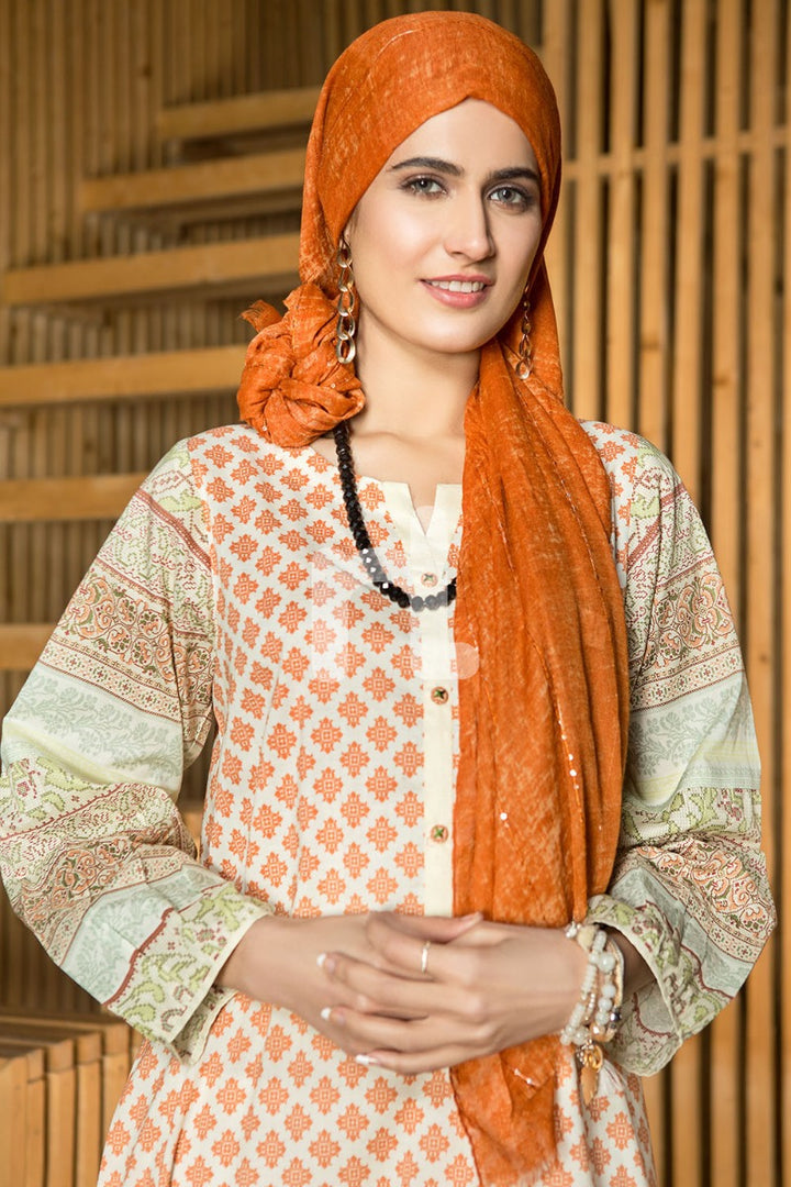 DS19-40 Orange Digital Printed Stitched Lawn Jalabiya - 1PC - Nishat Linen UAE