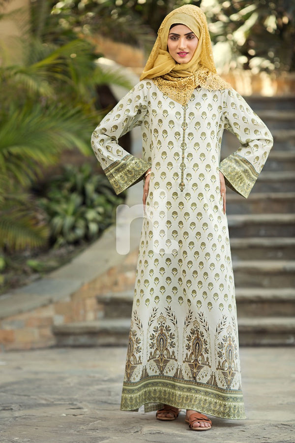 DS19-57 Off White Digital Printed Stitched Cambric Jalabiya 1PC - Nishat Linen UAE