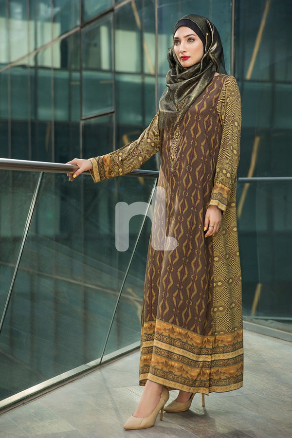 DSW18-04 Brown Printed Stitched Lawn Jalabiya - 1PC - Nishat Linen UAE