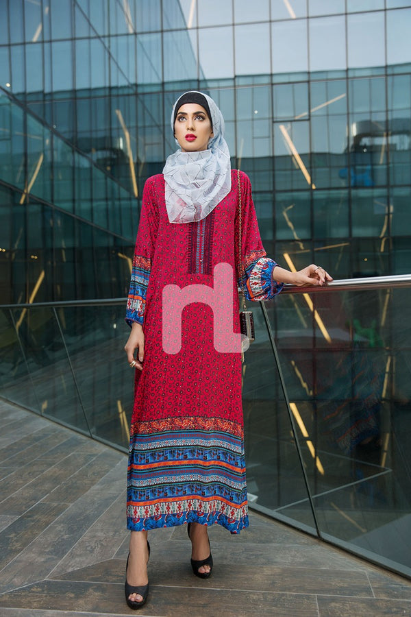 DSW18-05 Red Printed Stitched Lawn Jalabiya - 1PC - Nishat Linen UAE