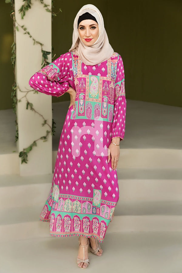 DSW19-94 Pink Digital Printed Stitched  Jalabiya – 1PC - Nishat Linen UAE