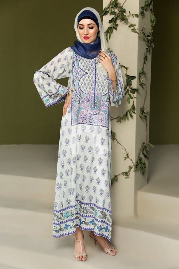 DSW19-98 White Digital Printed Stitched  Jalabiya – 1PC - Nishat Linen UAE