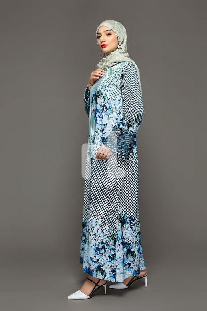 DW18-17 Blue Printed Stitched Cotton Modal Jalabiya - 1PC - Nishat Linen UAE